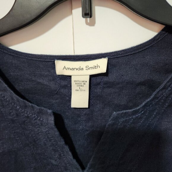 Amanda Smith Navy Blue V-Neck 3/4 Sleeve 100% Linen Blouse Top Tunic Large - Picture 2 of 7